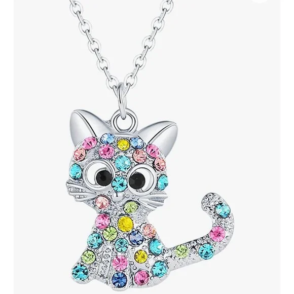 NEW Kitty Cat Pendant Necklace Crystal Rainbow Sparkle Pendant with Chain J103 - Picture 1 of 3